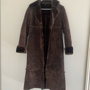Express Chocolate Real Leather Suede Faux Shearling Jacket - XS